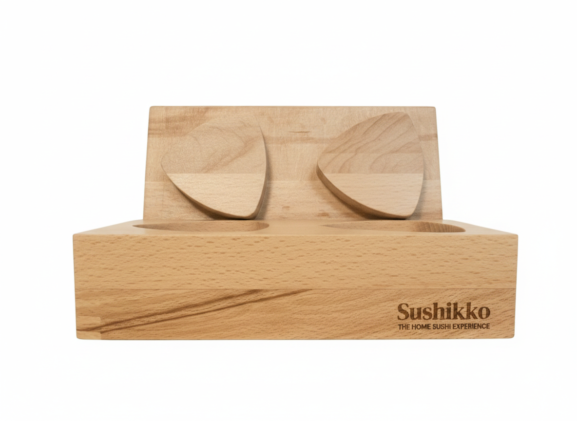 Stampo per onigiri in legno fatto a mano per cucina giapponese, utensile ecologico per preparare triangoli di riso perfetti.